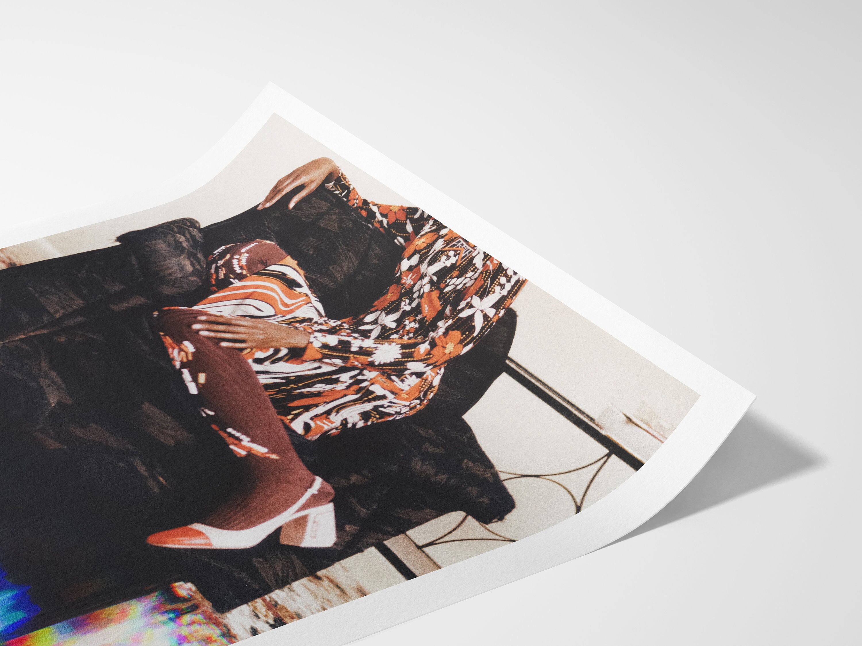 Retro 1970s Living Room Wall Art Print - African American Glitch Fashion Photo - Orange, Brown, Black Floral | Untitled (278) Giclée Print