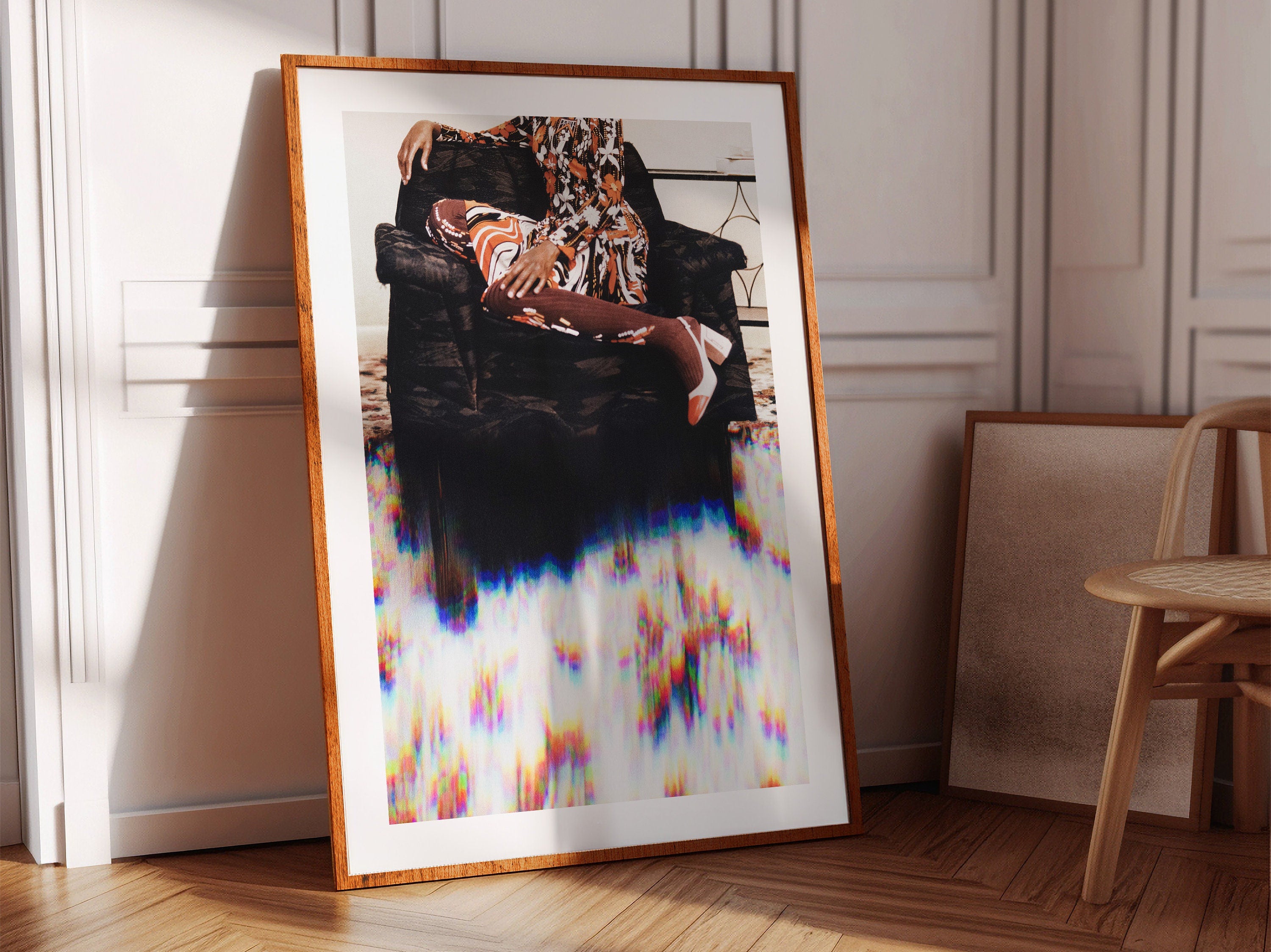 Retro 1970s Living Room Wall Art Print - African American Glitch Fashion Photo - Orange, Brown, Black Floral | Untitled (278) Giclée Print