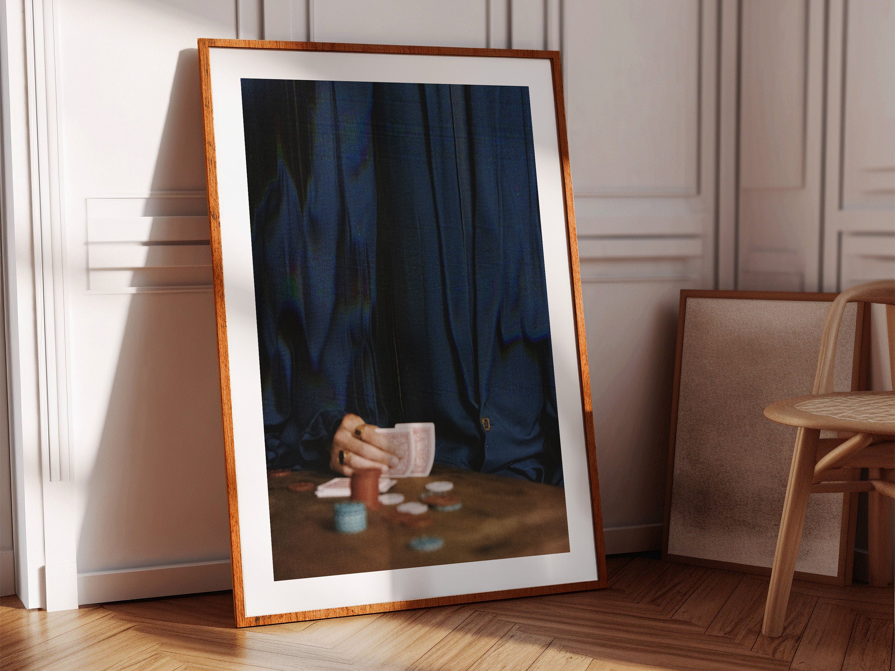 Poker Art Print - Altered Glitch Aesthetic - Navy Blue Classy Wall Decor for Living Room, Office, Man Cave | Untitled (313) Giclée Print